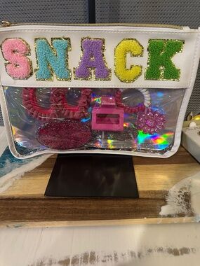 Snack Embellished Clear Wristlet Clutch - White with Multicolor Appliqué